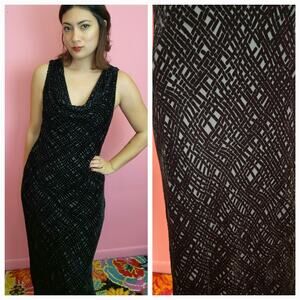 Vintage 1990's Black Velvet Abstract Textured Cowl Neck Bias Cut Evening Gown